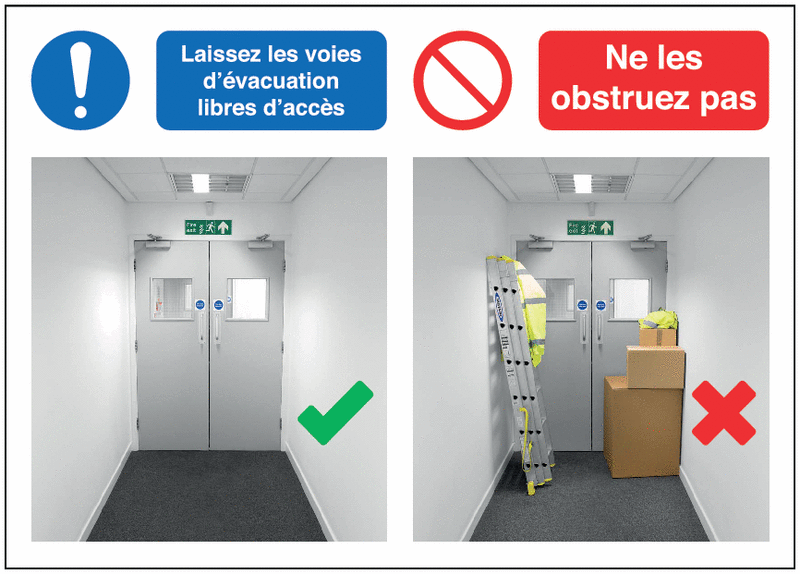 Autocollants et panneaux bonnes pratiques - Laissez les voies d'évacuation libres d'accès - Ne les obstruez pas - M001/P001