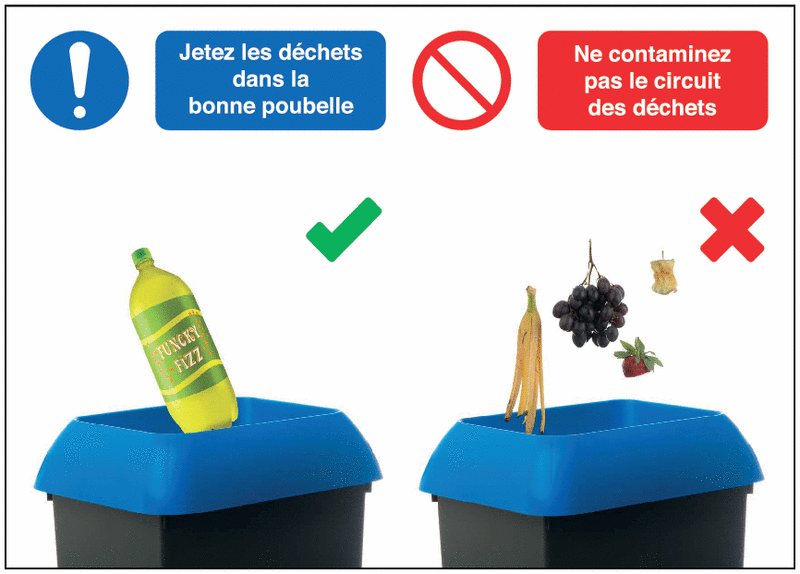 Autocollants et panneaux bonnes pratiques - Jetez les déchets dans la bonne poubelle - Ne contaminez pas le circuit des déchets - M001/P001