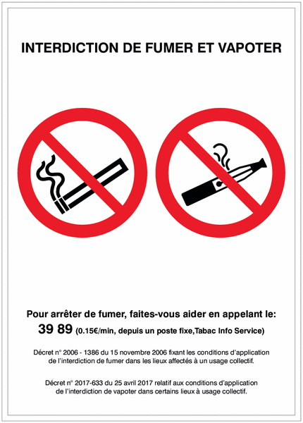 Panneaux et autocollants duos avec décrets - Interdiction de fumer et vapoter
