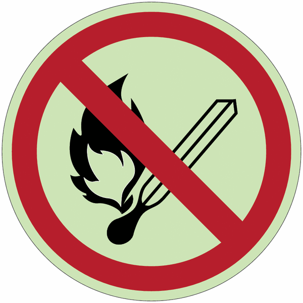 Panneaux photoluminescents ISO 7010 "Flammes nues interdites; Feu et source d'allumage non protégée interdits, Interdiction de fumer" - P003