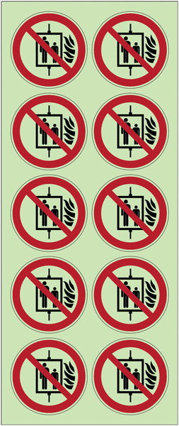 Autocollants photoluminescents en planche ISO 7010 "Interdiction d'utiliser l'ascenseur en cas d'incendie" - P020