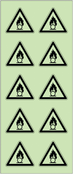 Autocollants photoluminescents en planche ISO 7010 "Danger: Substances comburantes" - W028