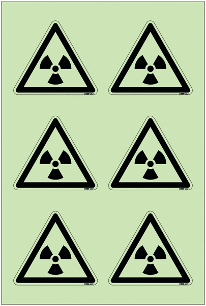 Autocollants photoluminescents en planche ISO 7010 "Danger Matières radioactives ou radiations ionisantes" - W003