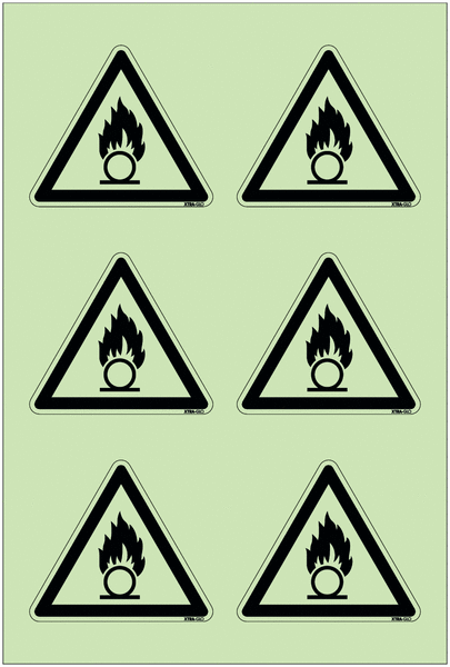 Autocollants photoluminescents en planche ISO 7010 "Danger: Substances comburantes" - W028