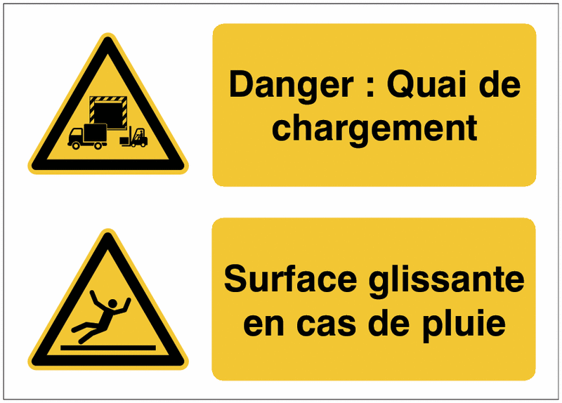 Panneaux duo - Danger : Quai de chargement - Surface glissante en cas de pluie