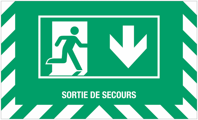 Marquage au sol ISO 7010 - SORTIE DE SECOURS -"Homme qui court, flèche en bas" E002B