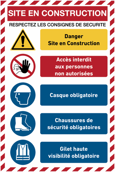 Panneaux de chantier - Site en construction avec 5 messages de sécurité