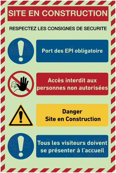 Panneaux de chantier photoluminescent - Site en construction avec 4 messages de sécurité