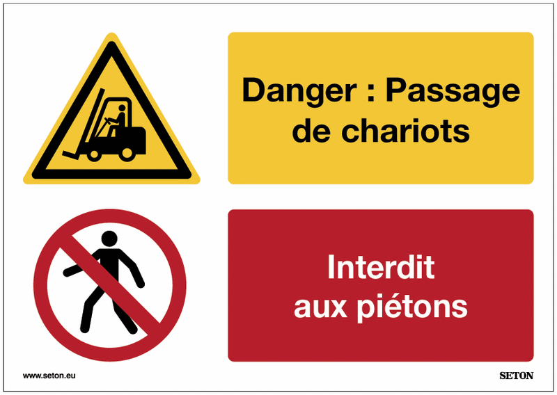 Panneaux duos ISO 7010 - Danger : Passage de chariots - Interdit aux piétons - W014/P004