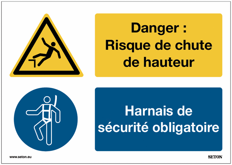 Panneaux duos ISO 7010 - Danger : Risque de chute de hauteur - Harnais de sécurité obligatoire - W008/M018