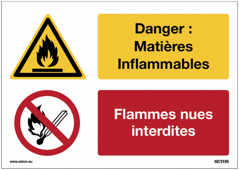 Panneaux multiples messages ISO 7010 - Danger: Matières inflammables - Flammes nues interdites - W021/P003