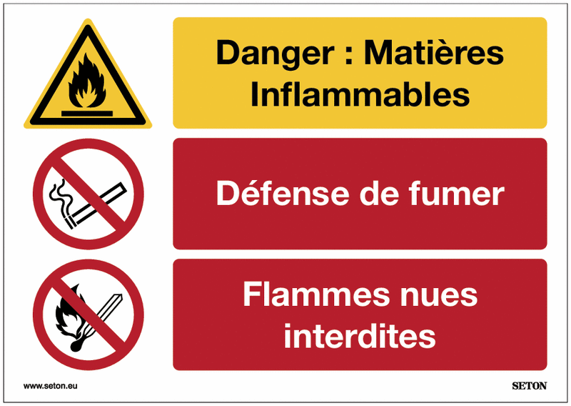 Panneaux multiples messages ISO 7010 - Danger : Matières inflammables - Défense de fumer - Flammes nues interdites - W021/P002/P003