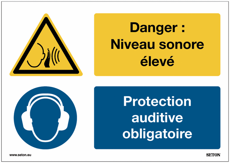Panneaux duos ISO 7010 - Danger: niveau sonore - Protection auditive obligatoire - W038/M003