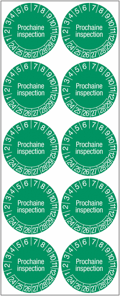 Pastilles calendrier rondes avec texte en polyester laminé - Prochaine inspection