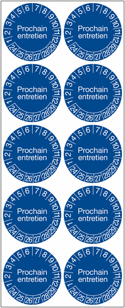 Pastilles calendrier rondes avec texte en polyester laminé - Prochain entretien