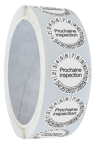 Pastilles calendrier rondes avec texte en polyoléfine ultra-destructible en rouleau - Prochaine inspection