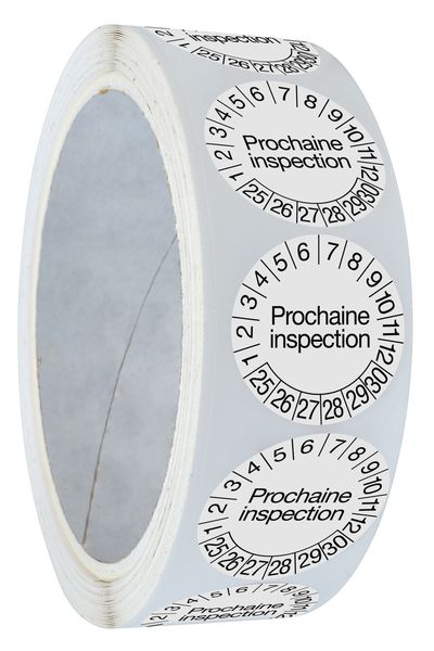 Pastilles calendrier rondes avec texte en polyoléfine ultra-destructible en rouleau - Prochaine inspection