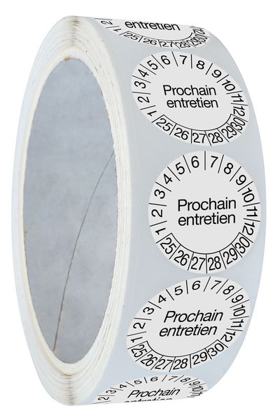 Pastilles calendrier rondes avec texte en polyoléfine ultra-destructible en rouleau - Prochain entretien