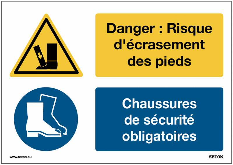 Panneaux duo - Danger : Risque d'écrasement des pieds - Chaussures de sécurité obligatoires
