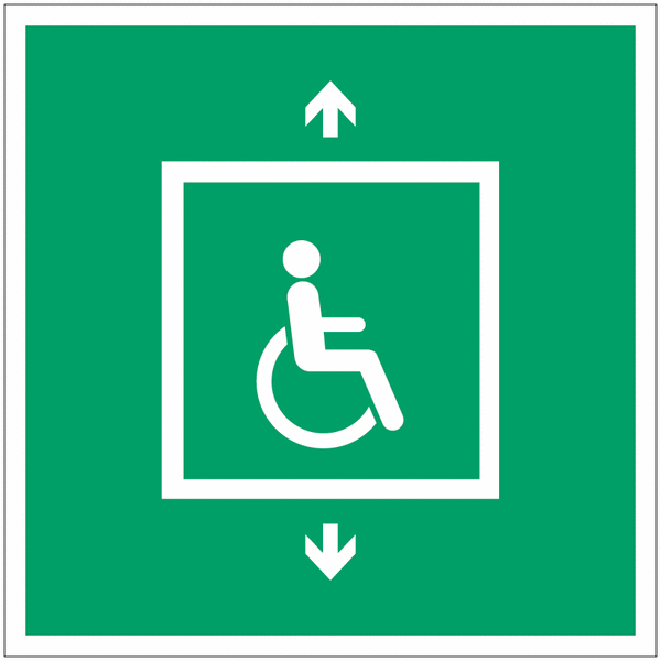 Autocollants et panneaux d'évacuation et de secours ISO 7010 "Ascenseur d'évacuation pour personnes à mobilité réduite"- E070