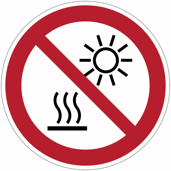 Autocollants et panneaux d'interdiction ISO 7010 "Ne pas exposer à la lumière directe du soleil ou à une surface chaude"- P068