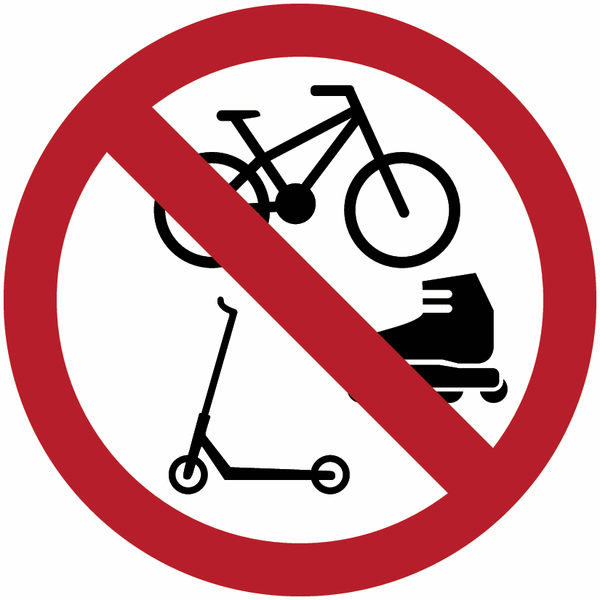 Autocollants et panneaux d'interdiction "Vélos, roller et trottinettes interdites"