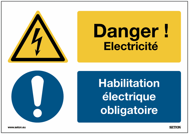 Panneaux ISO - Danger Electricité / Habilitation électrique obligatoire - W012 / M001