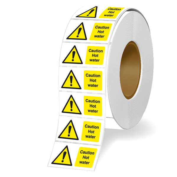 Caution Hot Water Vinyl Safety Labels On-a-Roll