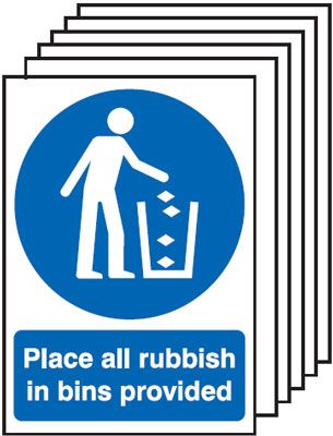 6-Pack Place All Rubbish In Bins Provided Signs