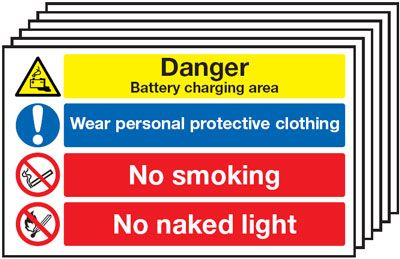 Battery/PPE/No Smoking 6-Pack Multi-Message Signs