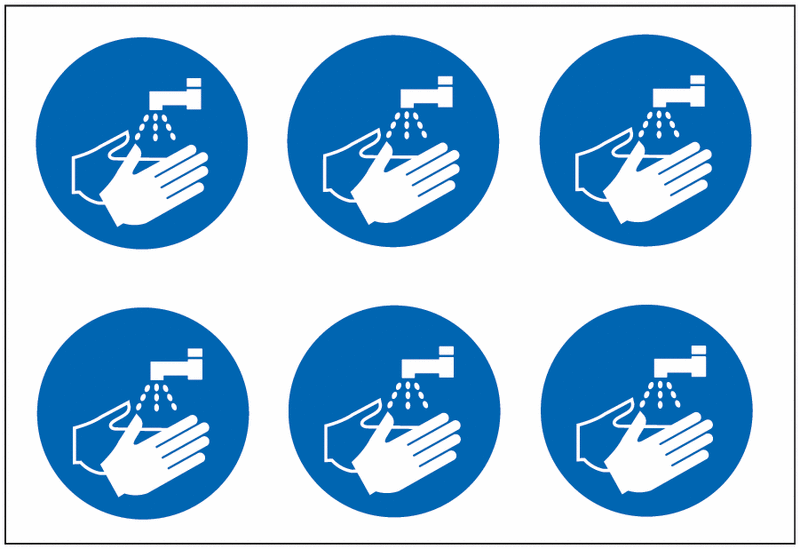 Blue Wash Your Hands Symbol Vinyl Labels On-A-Sheet