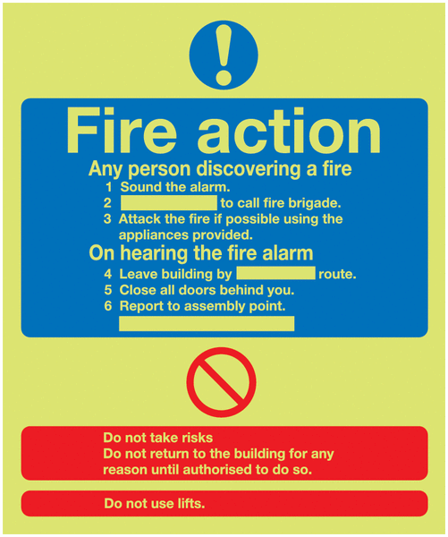 Xtra-Glo Photoluminescent Fire Action (Standard) Signs