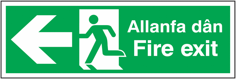 Fire Exit Running Man/Arrow Left Welsh/English Signs