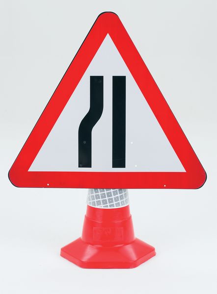 Road Narrows (Left) Traffic Cone Sign