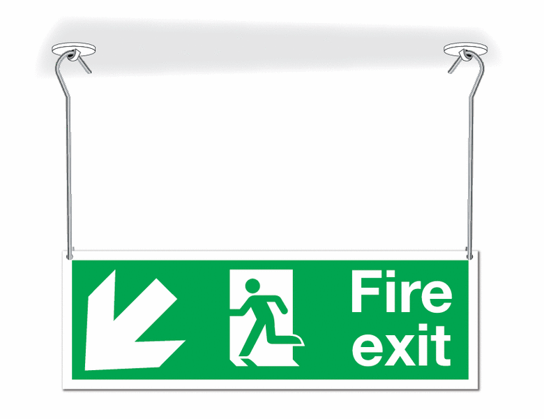 Fire Exit Man/Left Diagonal Down Arrow Hanging Signs