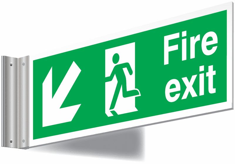 Fire Exit Man Left/Arrow Diagonal Down Corridor Sign