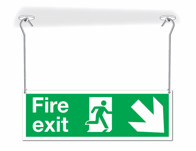 Fire Exit Man/Right Diagonal Down Arrow Hanging Signs