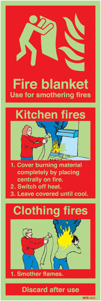 Nite-Glo Fire Blanket/Kitchen Fire Instruction Signs