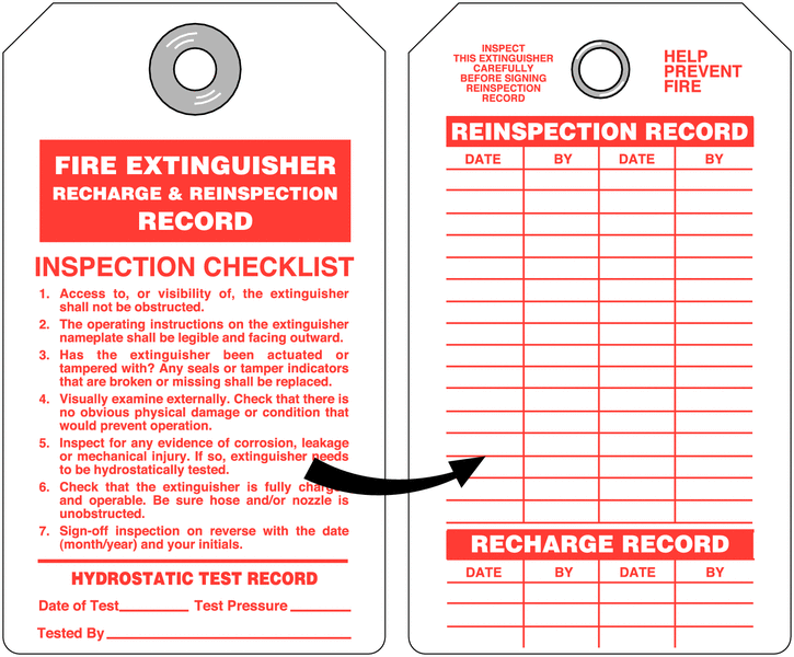 Fire Extinguisher Recharge and Re-inspection Tag with Checklist