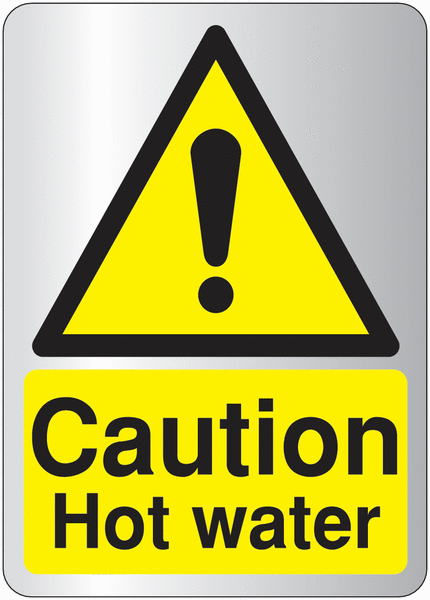 Deluxe Metal Look Safety Signs - Caution Hot Water