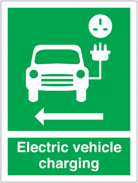 Electric Vehicle Charging Car Symbol & Arrow Left Signs
