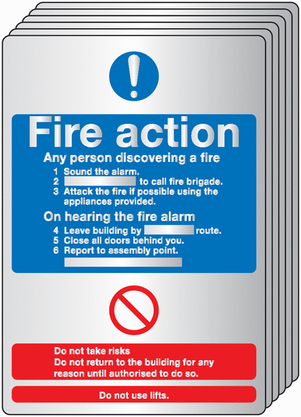 6-Pack Deluxe Metal Look Fire Action Safety Signs