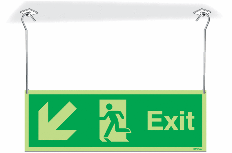 Nite-Glo Exit Running Man Diagonal Arrow Down Hanging Signs