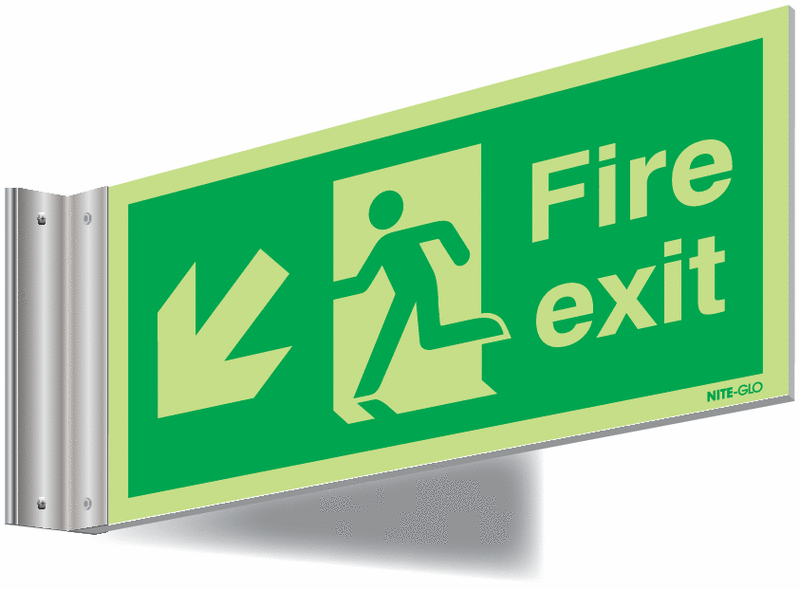 Nite-Glo Fire Exit Running Man & Diagonal Arrow Down Corridor Signs
