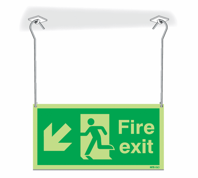 Nite-Glo Fire Exit Running Man/Arrow Down Left Hanging Signs
