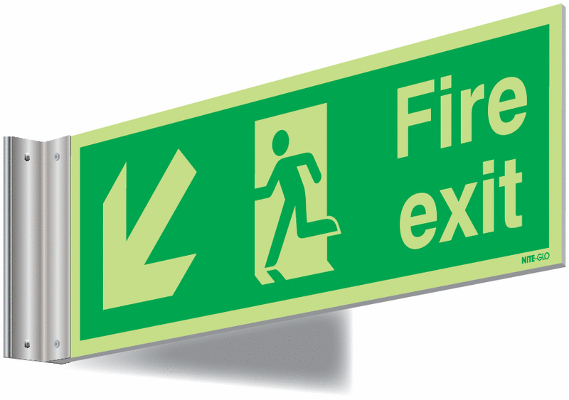 Nite-Glo Fire Exit Running Man & Diagonal Arrow Down Corridor Signs