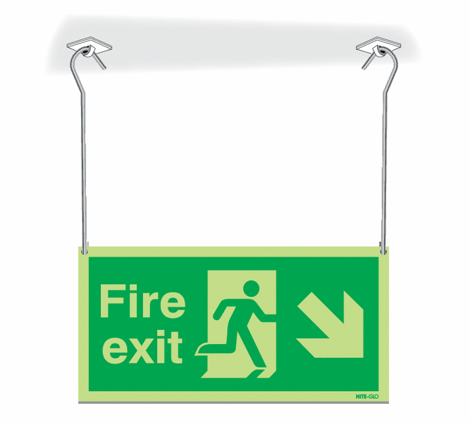Nite-Glo Fire Exit Running Man/Arrow Down Right Hanging Signs