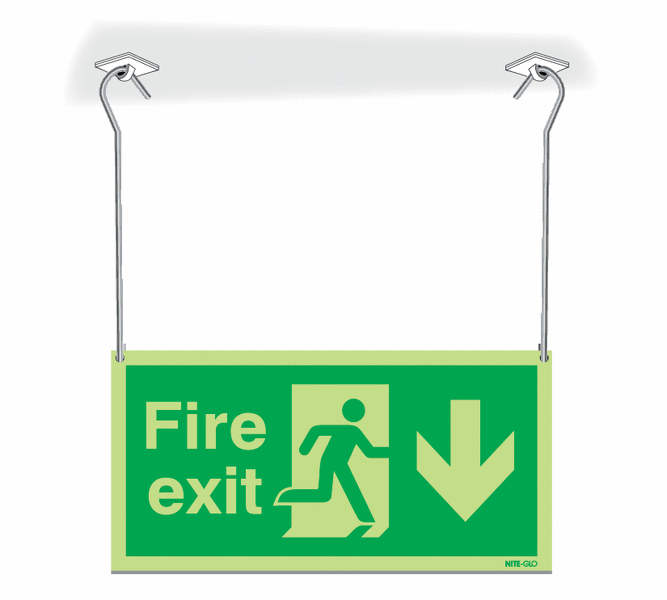 Nite-Glo Fire Exit Running Man/Arrow Down Hanging Signs
