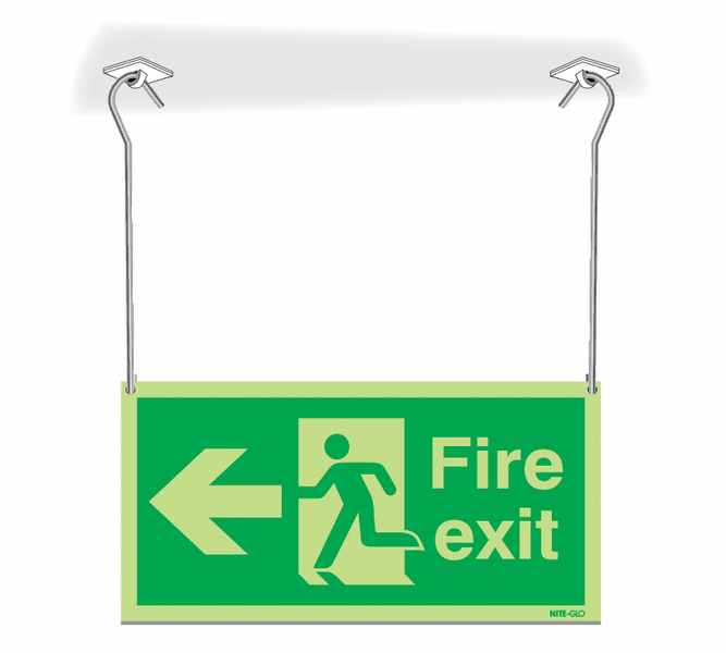 Nite-Glo Fire Exit Running Man/Arrow Left Hanging Signs