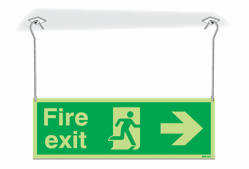 Nite-Glo Fire Exit Running Man/Arrow Right Hanging Signs